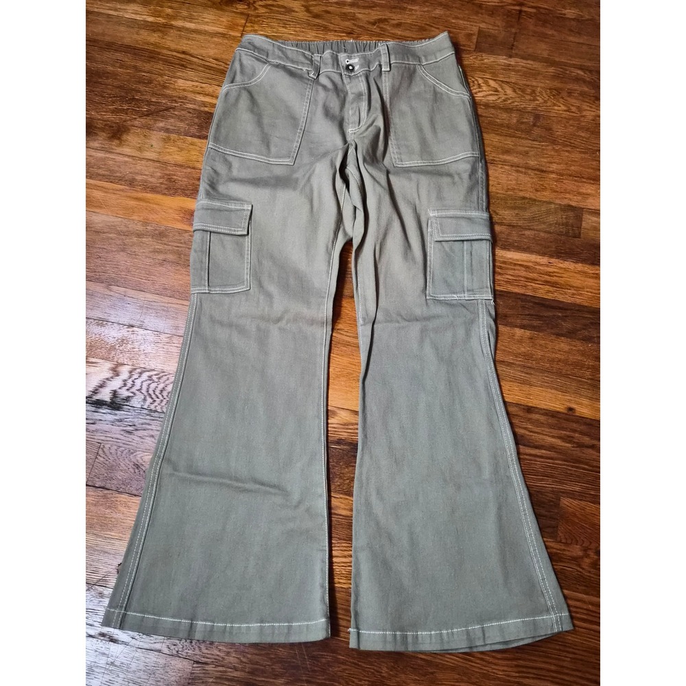 No Comment Olive Green Cargo Flare Pants Boho Contrast Stitch RW429276 Medium
